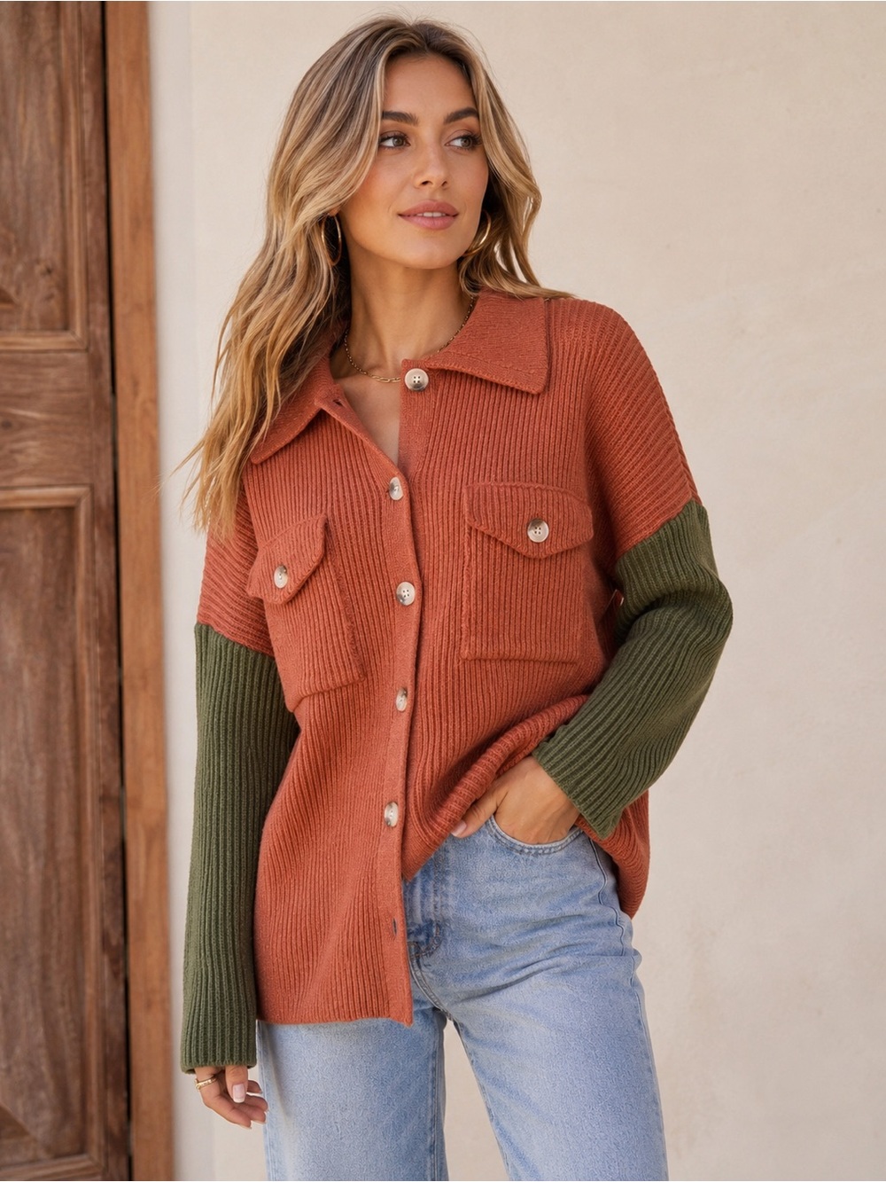 Lumiere NWT Rust Olive Colorblock Button Front Collared Knit Cardigan S
